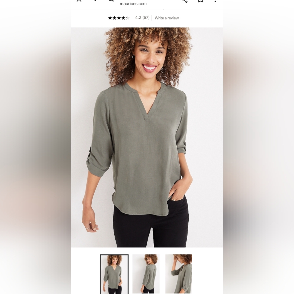 Atwood 3/4 Sleeve Popover Blouse, Maurices, size 0XL color is river stone (like